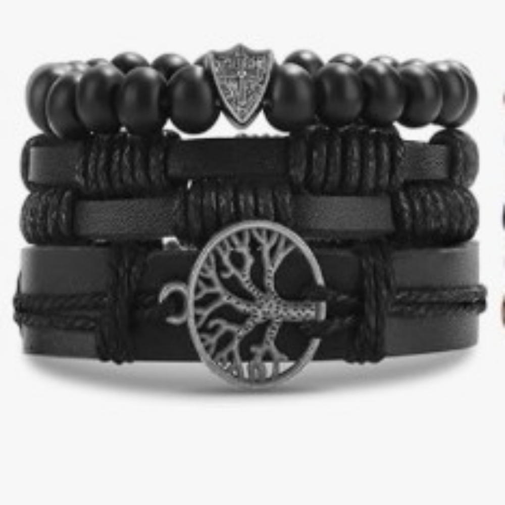 Men's Leather Bracelets Set 3pc Cross Layered Beaded Black New‎ F64